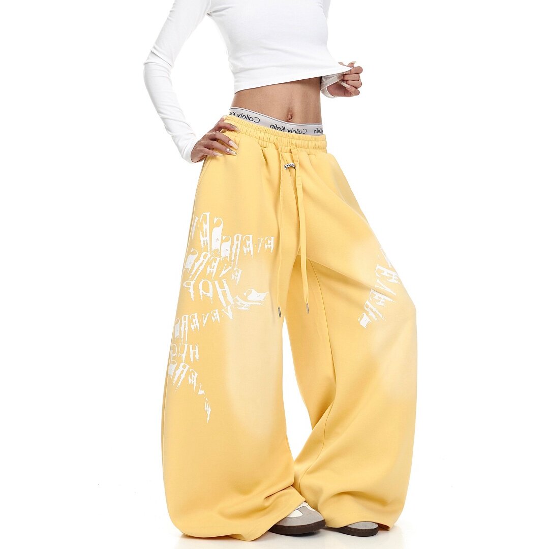 美式复古水洗渐变字母印花弯刀卫裤男女街头爵士舞宽松阔腿裤长裤