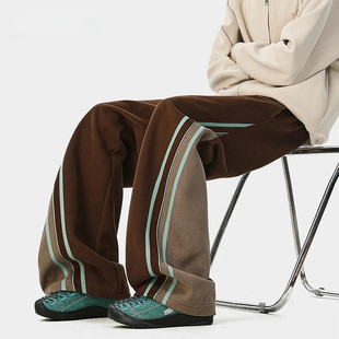 美式复古条纹织带弯刀卫裤男秋季撞色运动休闲裤子bf慵懒感直筒裤