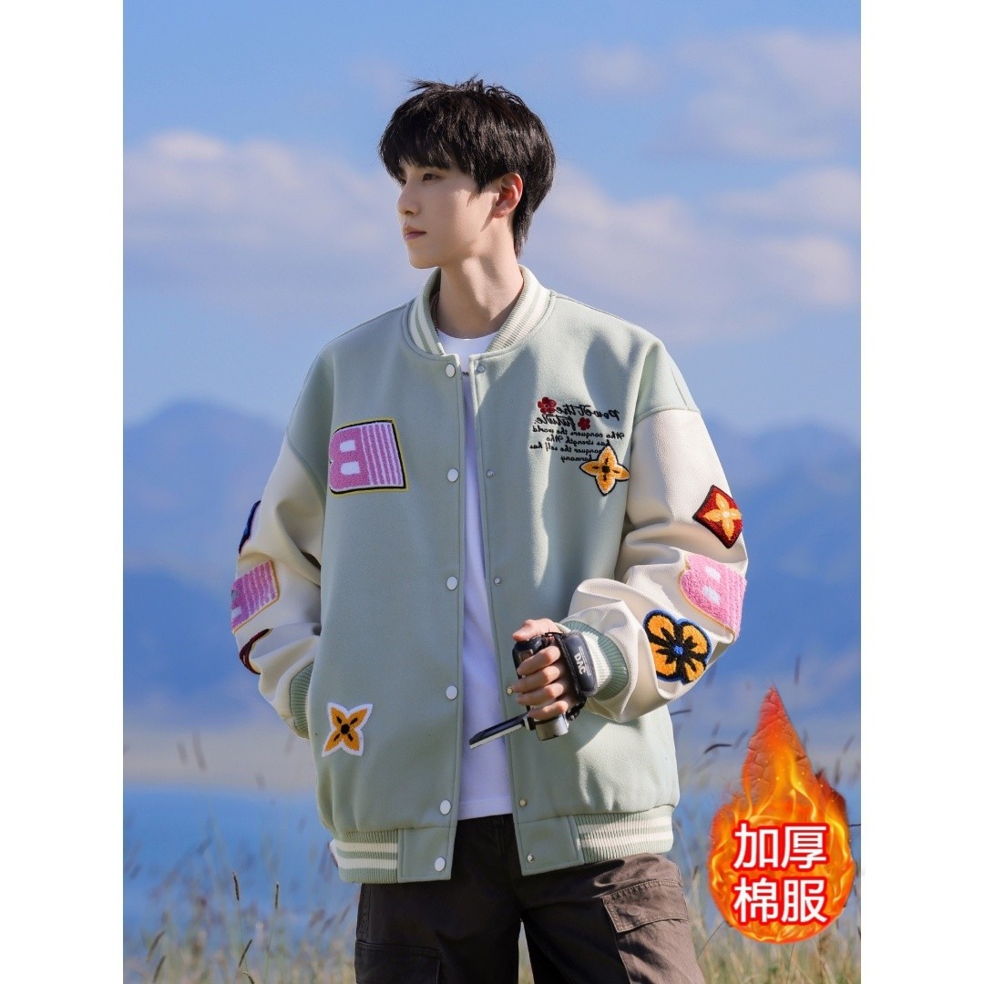 美式撞色拼接刺绣棒球棉服外套男款秋冬季潮牌慵懒风宽松休闲棉衣