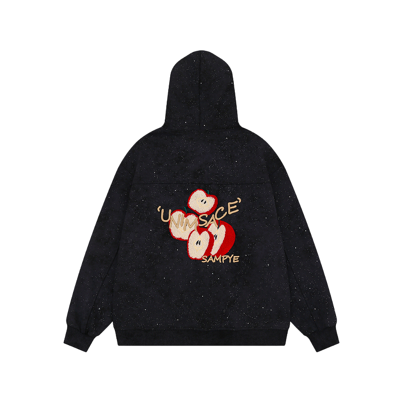 美式复古苹果刺绣连帽卫衣男女秋季新款百搭满天星黑色开衫外套潮