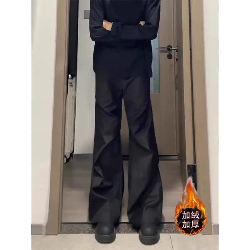 cleanfit黑色褶皱弯刀西裤男秋冬季加绒垂坠感裤子美式高街直筒裤