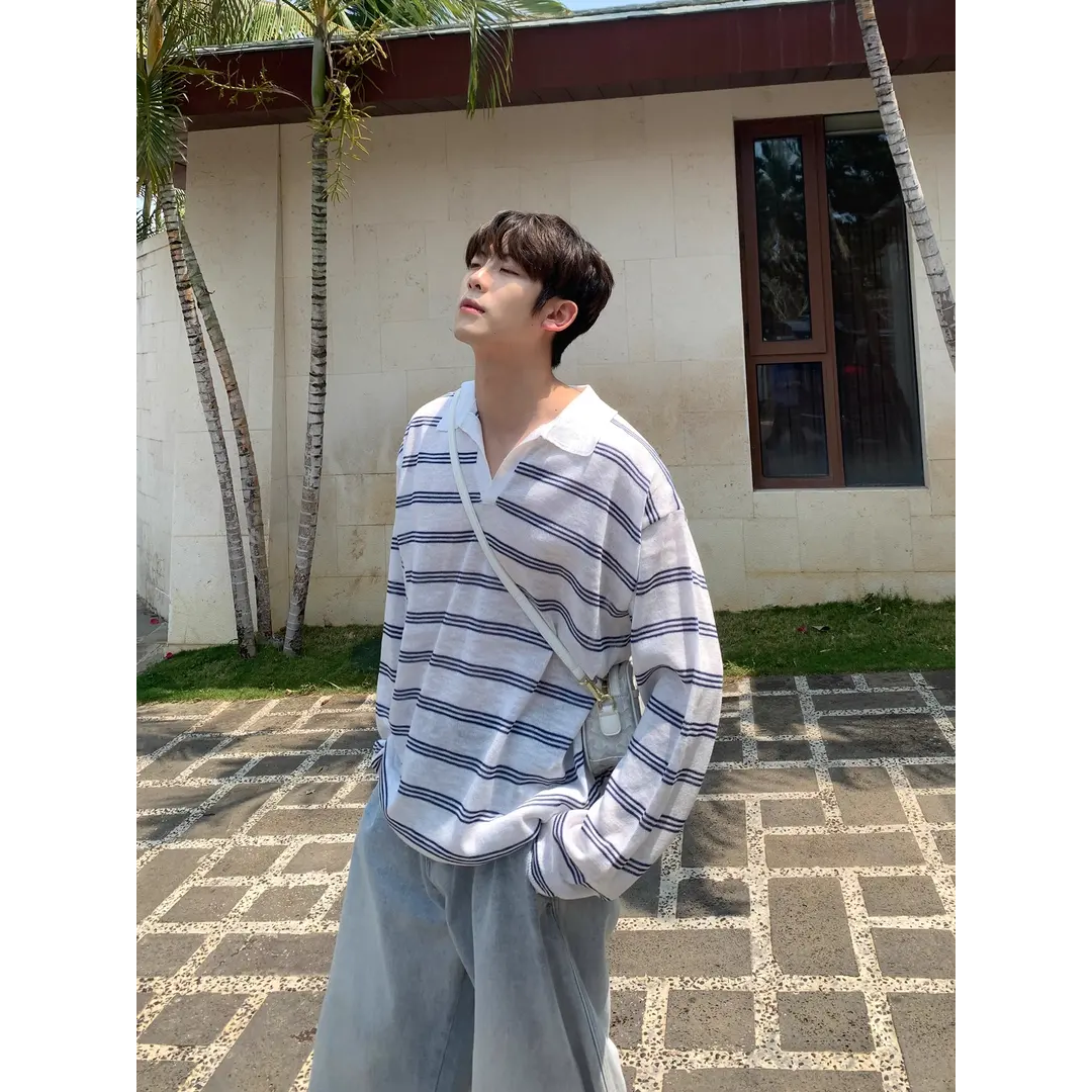 夏季休闲慵懒风松弛感宽松日系男生条纹长袖T恤轻奢痞帅男装