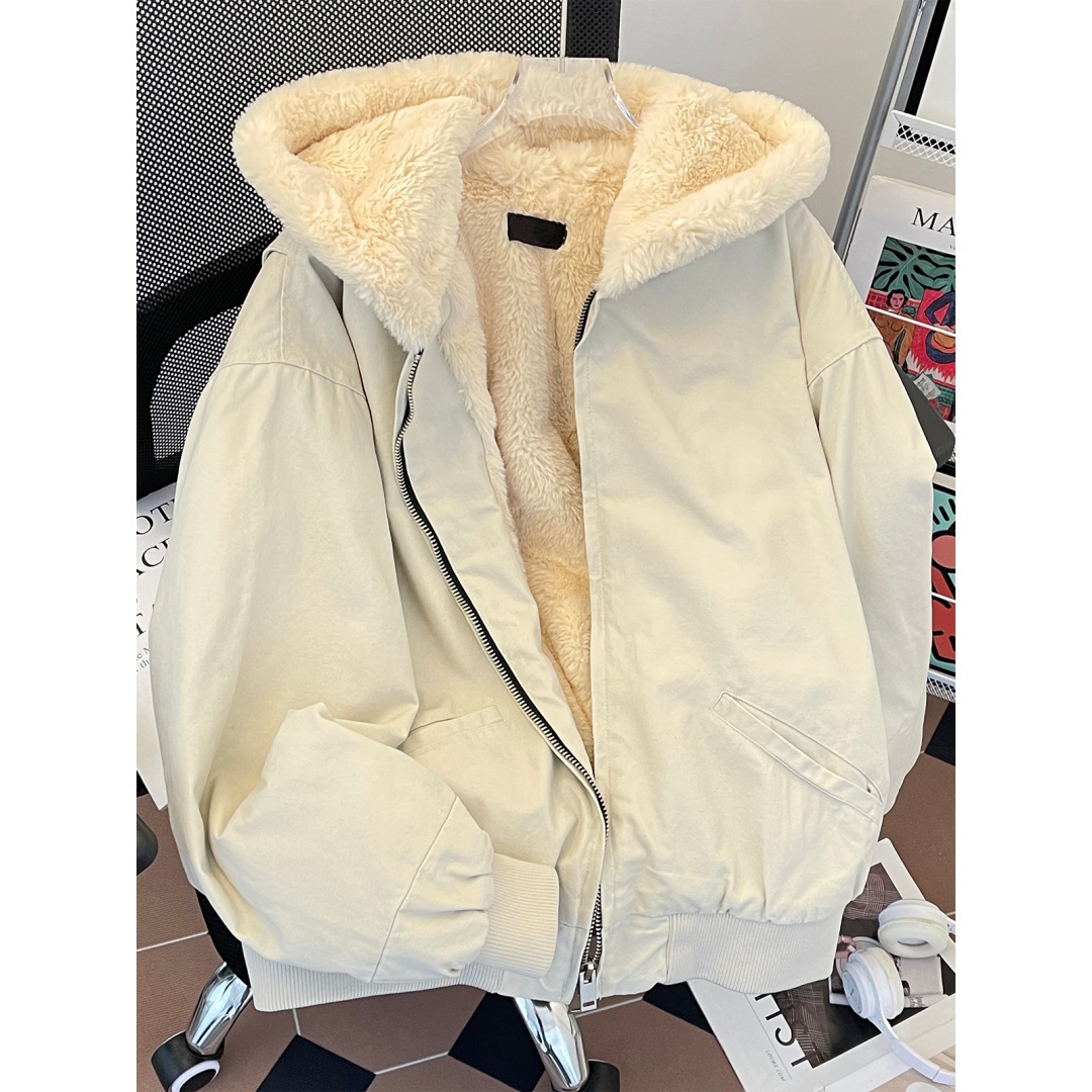 仿兔毛连帽夹克外套男女秋冬季加绒加厚cleanfit潮流棉服工装棉衣