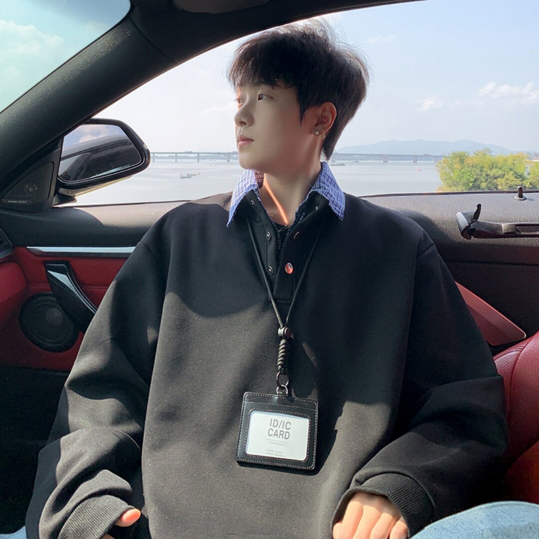 日系假两件Polo领卫衣男秋冬潮牌宽松情侣上衣重磅高级感长袖外套