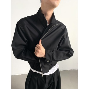 秋冬季新款休闲纯色立领垫肩夹克男款高级感慵懒风双拉链短款外套