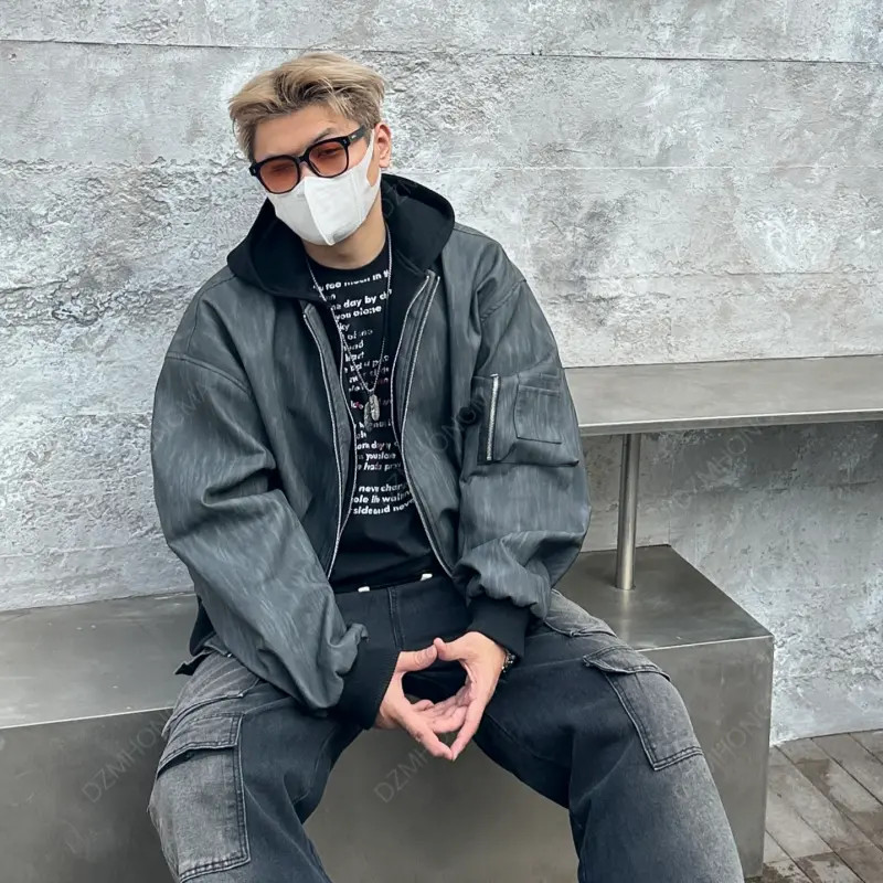 【大重码】痞帅Bomber双层拼色假两件灰黑渐变潮流连帽休闲男外套