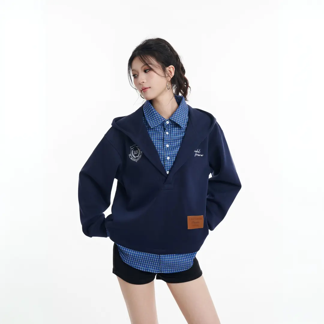 上衣连帽款秋季卫衣连帽休闲格子撞色拼接翻领宽松假两件