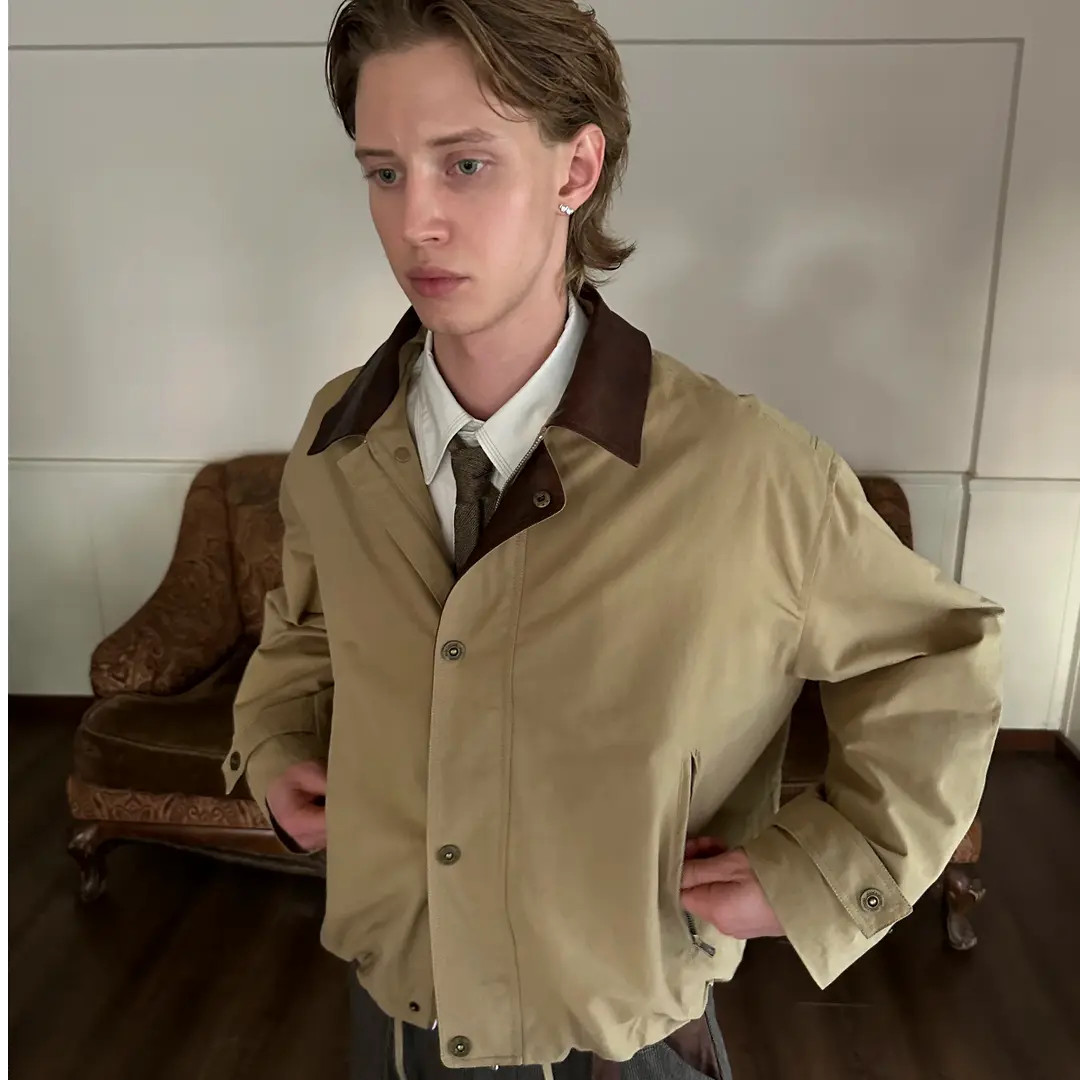 秋季新款巴恩风拼接皮领老钱风夹克短阔版型男女同款美式复古外套