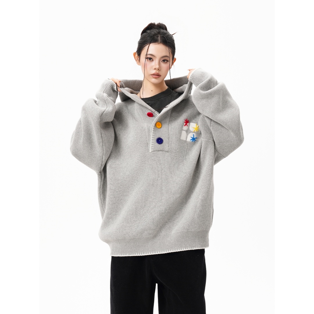 美式重磅刺绣连帽毛衣男女秋冬季潮牌宽松慵懒感外套针织衫情侣装