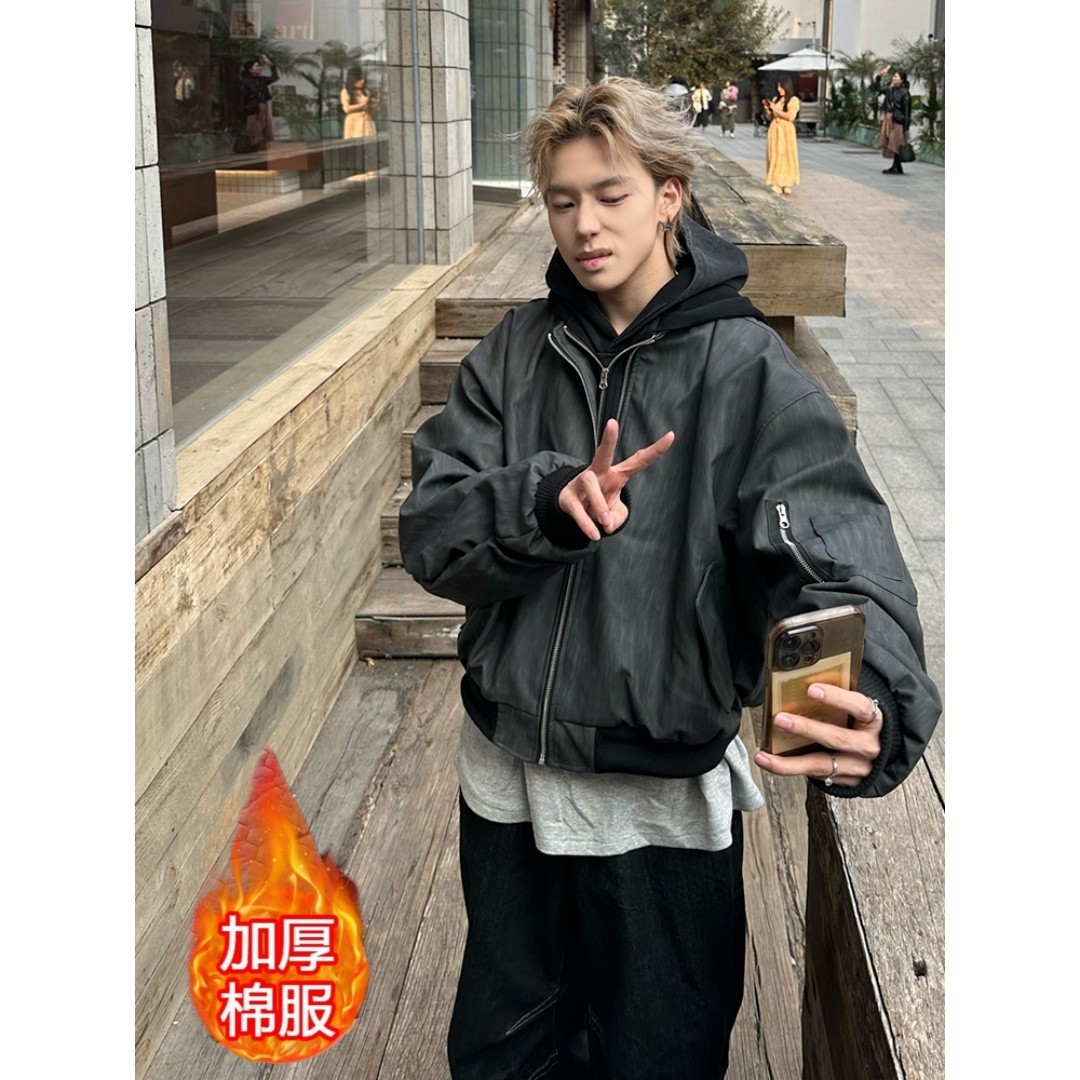 美式潮流假两件连帽拼接PU皮棉衣夹克外套男女款宽松皮衣棒球棉服