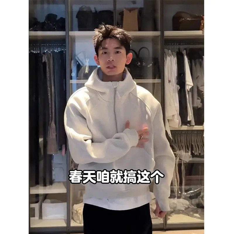 重磅硬挺美式卫衣男款线条解构设计感连帽衫boxy短宽半拉链外套潮