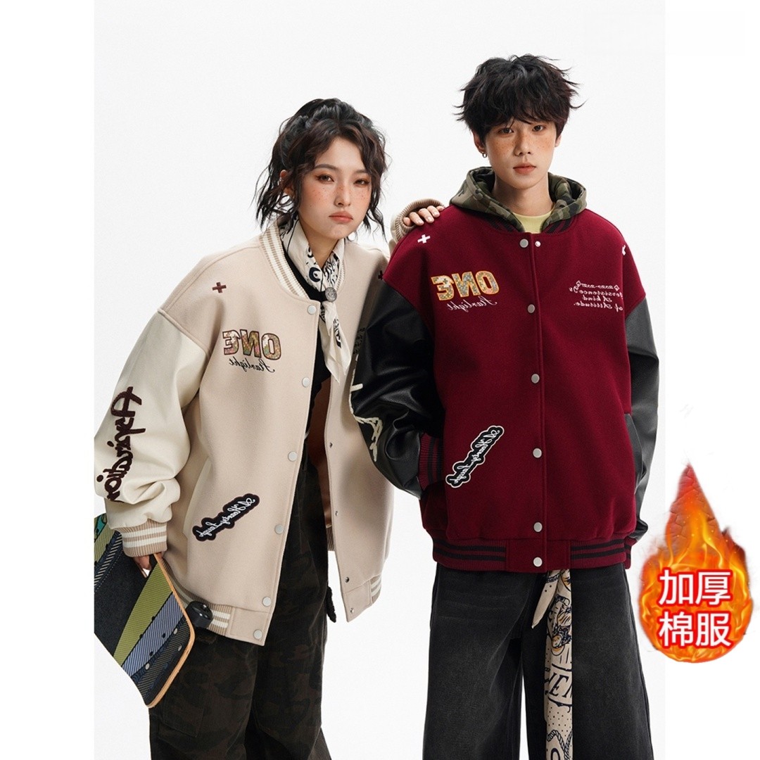 美式拼接字母刺绣棉衣外套男女秋冬季国潮复古风百搭棒球棉服夹克