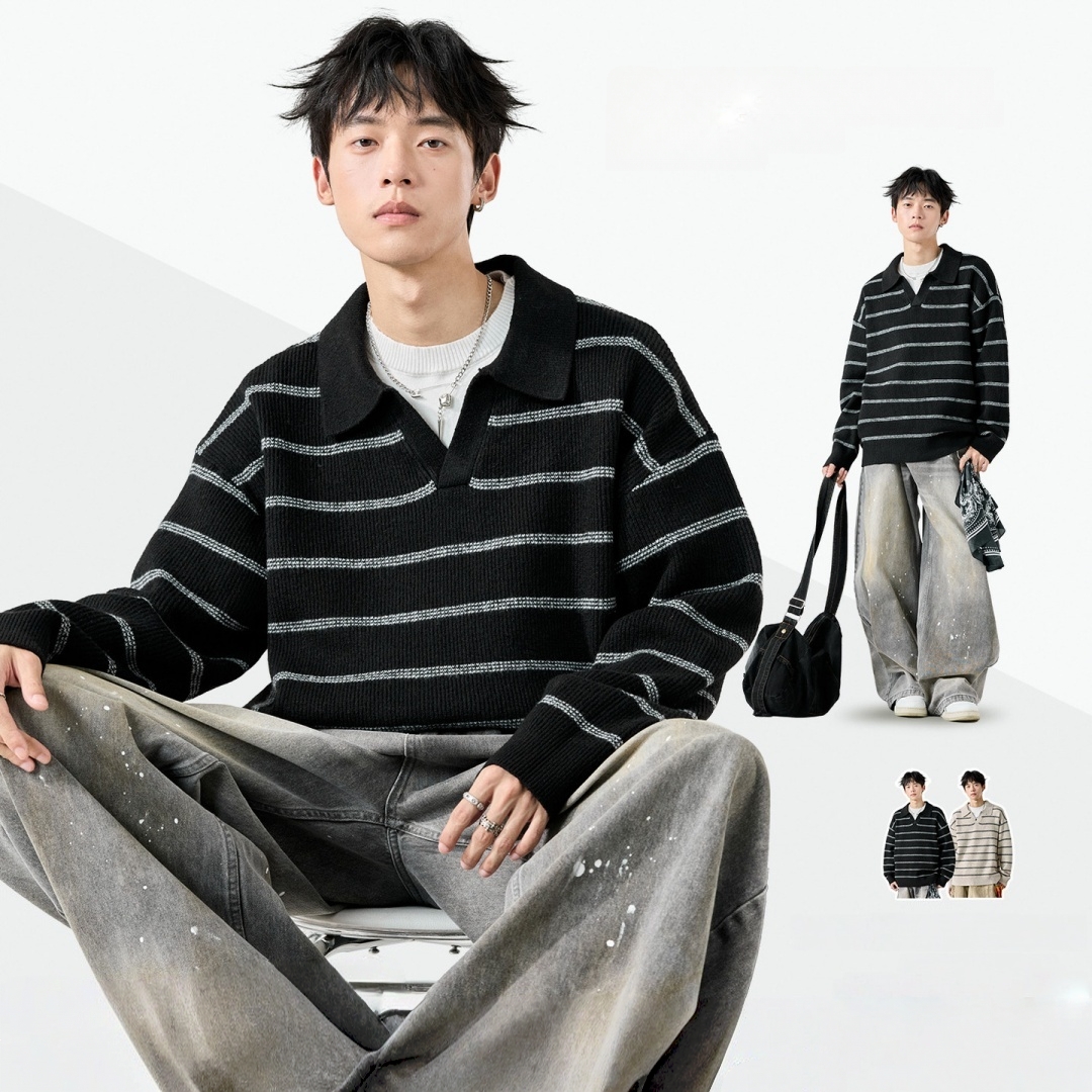 男士毛衣高级感黑白条纹polo领针织衫宽松慵懒假两件v领上衣秋冬