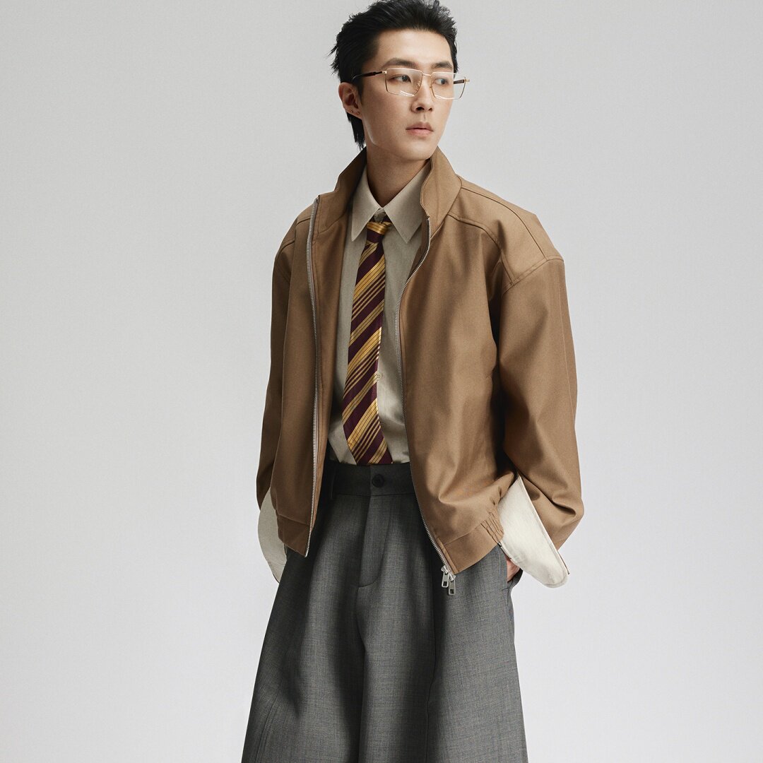 日系复古立领休闲垫肩夹克男款秋冬季宽松高级感短款老钱风外套潮