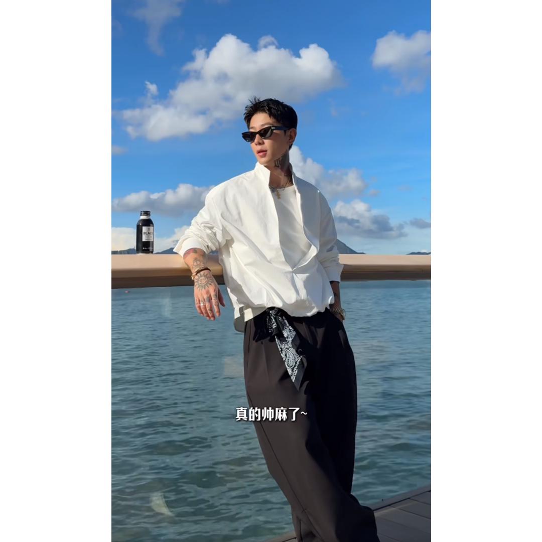 白色假两件立领防晒衬衫男款秋季美式长袖t恤cleanfit老钱风衬衣