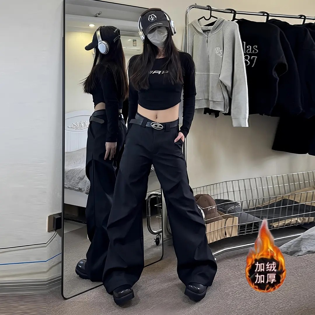 秋冬季加绒美式高街cleanfit西裤褶皱休闲裤男微喇直筒拖地西装裤