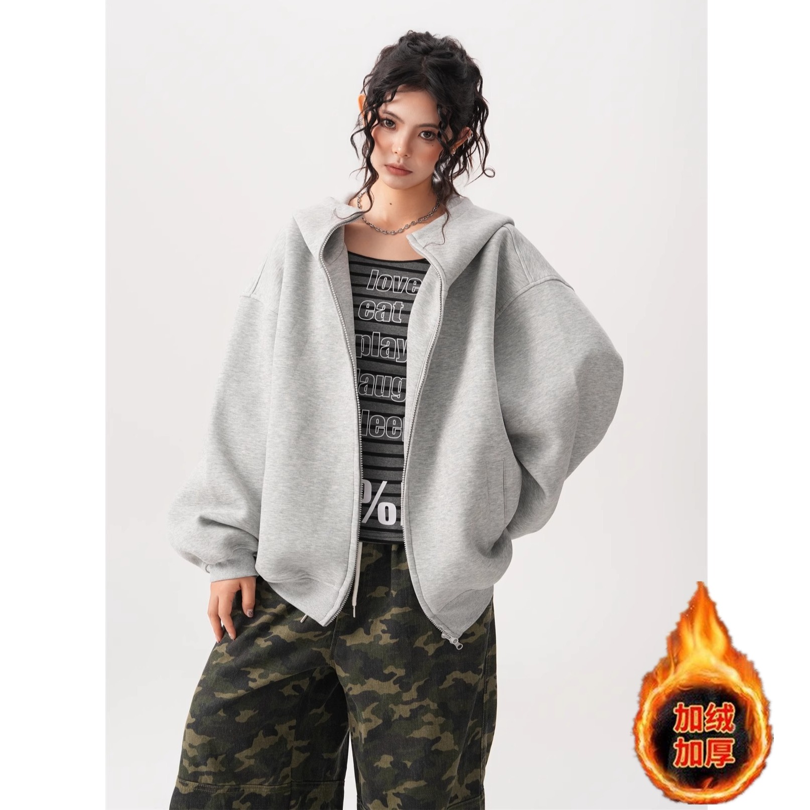 美式重磅廓形空气层卫衣开衫女男秋冬宽松加绒加厚设计感连帽外套