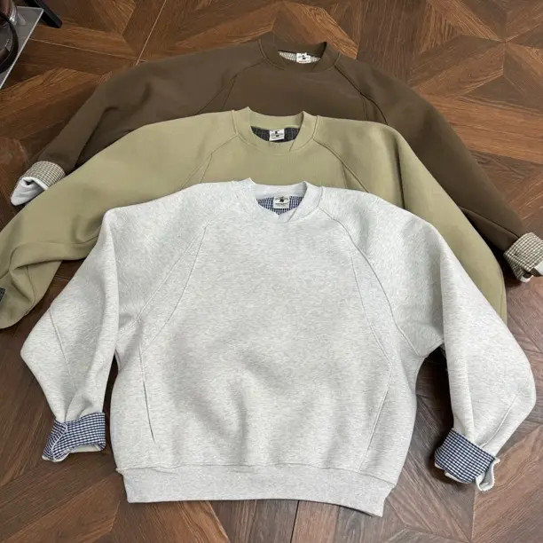 美式短宽版简约重磅450克假两件衬衫袖口圆领拼接卫衣