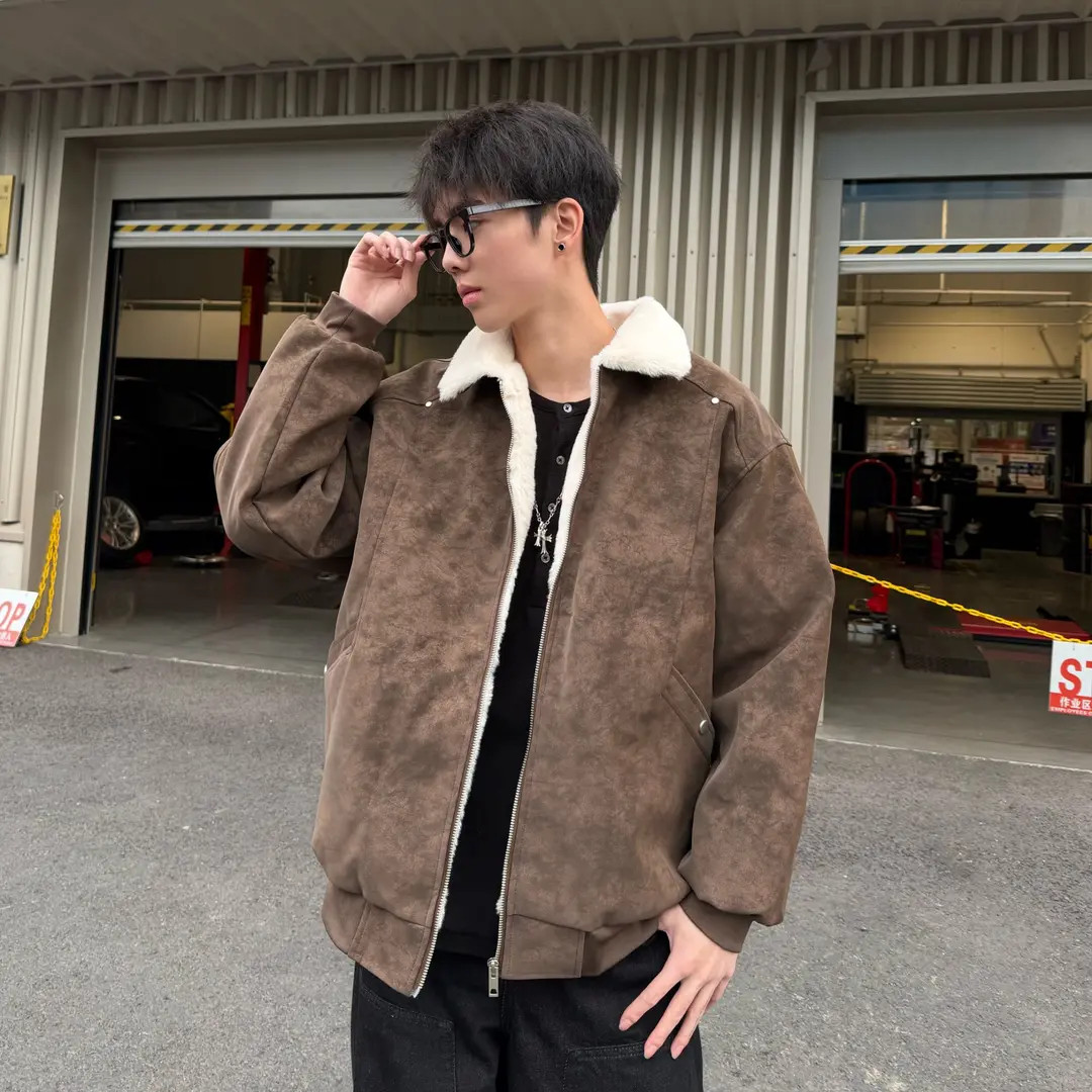 秋冬季新款美式复古羊羔毛PU皮棉衣男款冬季防寒加厚保暖棉服外套