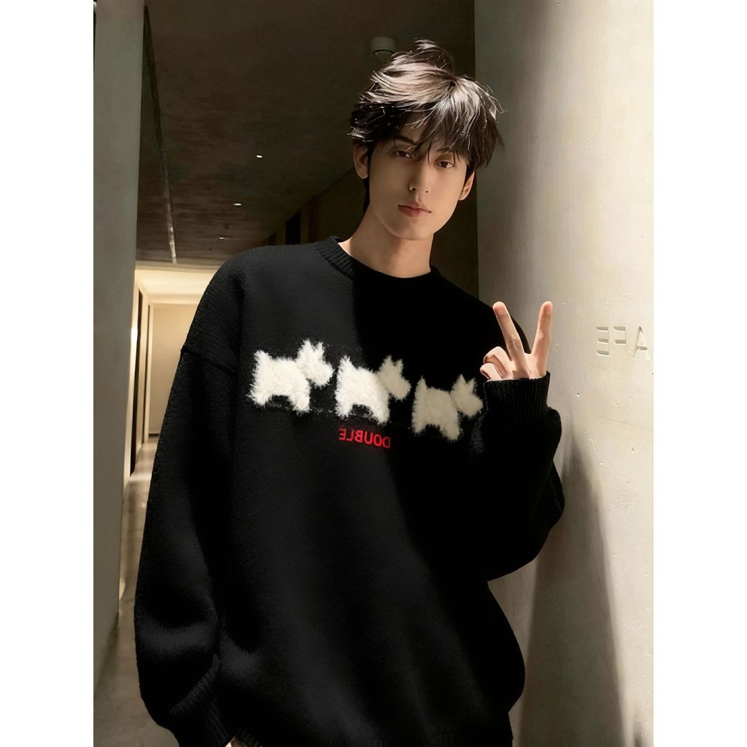 黑色美式小狗植绒毛衣男款秋冬高级感慵懒内搭打底针织衫情侣外套