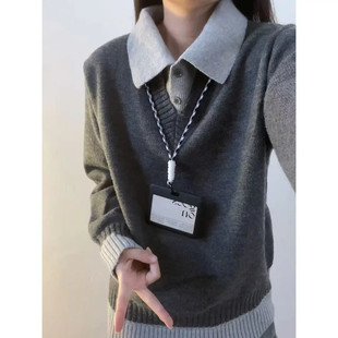 灰色老钱风假两件v领针织毛衣男女秋冬季慵懒感polo领针织衫外套