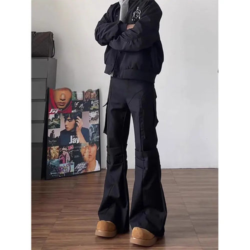 黑色解构系褶皱弯刀休闲裤男款设计感微喇西装裤子美式重炮直筒裤
