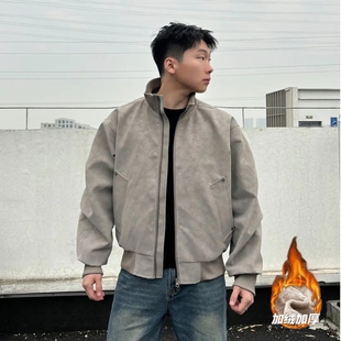 美式理石纹飞行员加绒皮衣复古硬汉立领夹克做旧有型cleanfit上衣