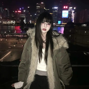 2025冬季新款毛绒拼接巴恩风花苞派克棉服女美式复古加厚棉衣外套