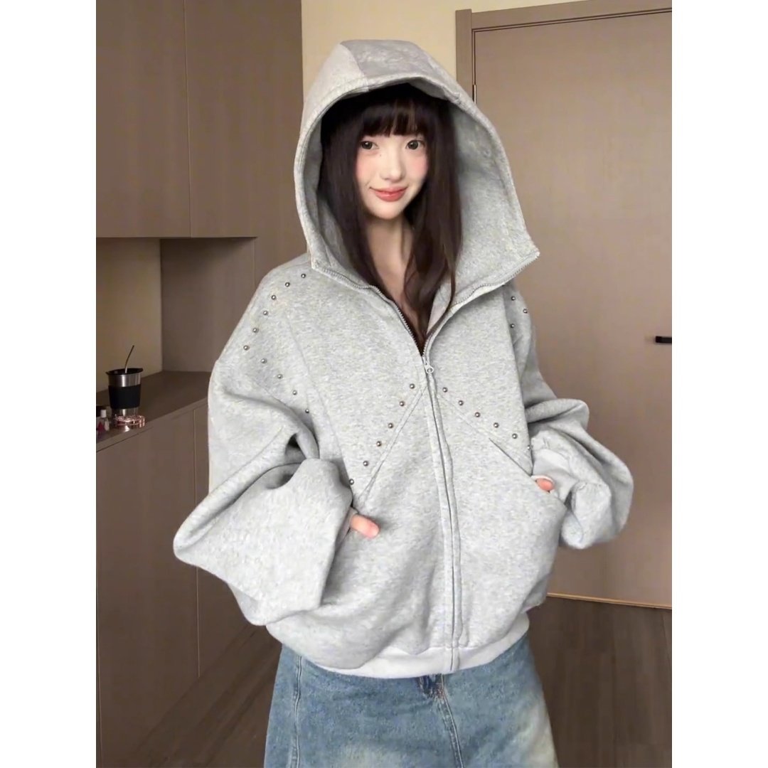 美式重磅硬挺boxy卫衣男女秋季铆钉拼接设计感连帽衫复古情侣外套