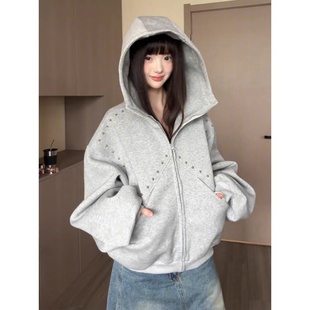 美式重磅硬挺boxy卫衣男女秋季铆钉拼接设计感连帽衫复古情侣外套