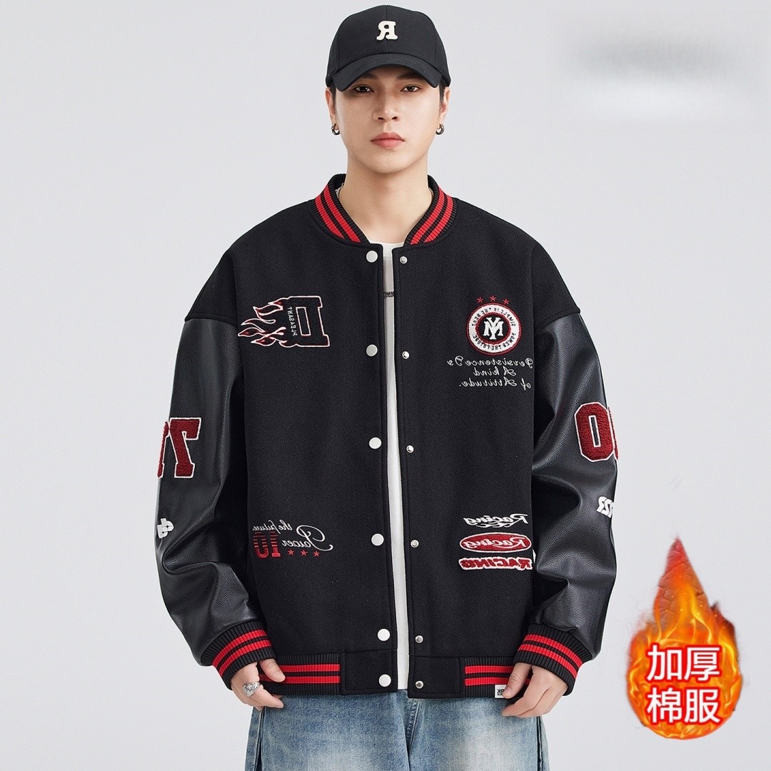 黑色美式复古潮牌棒球棉服男款秋冬季宽松加厚刺绣高级感棉衣外套