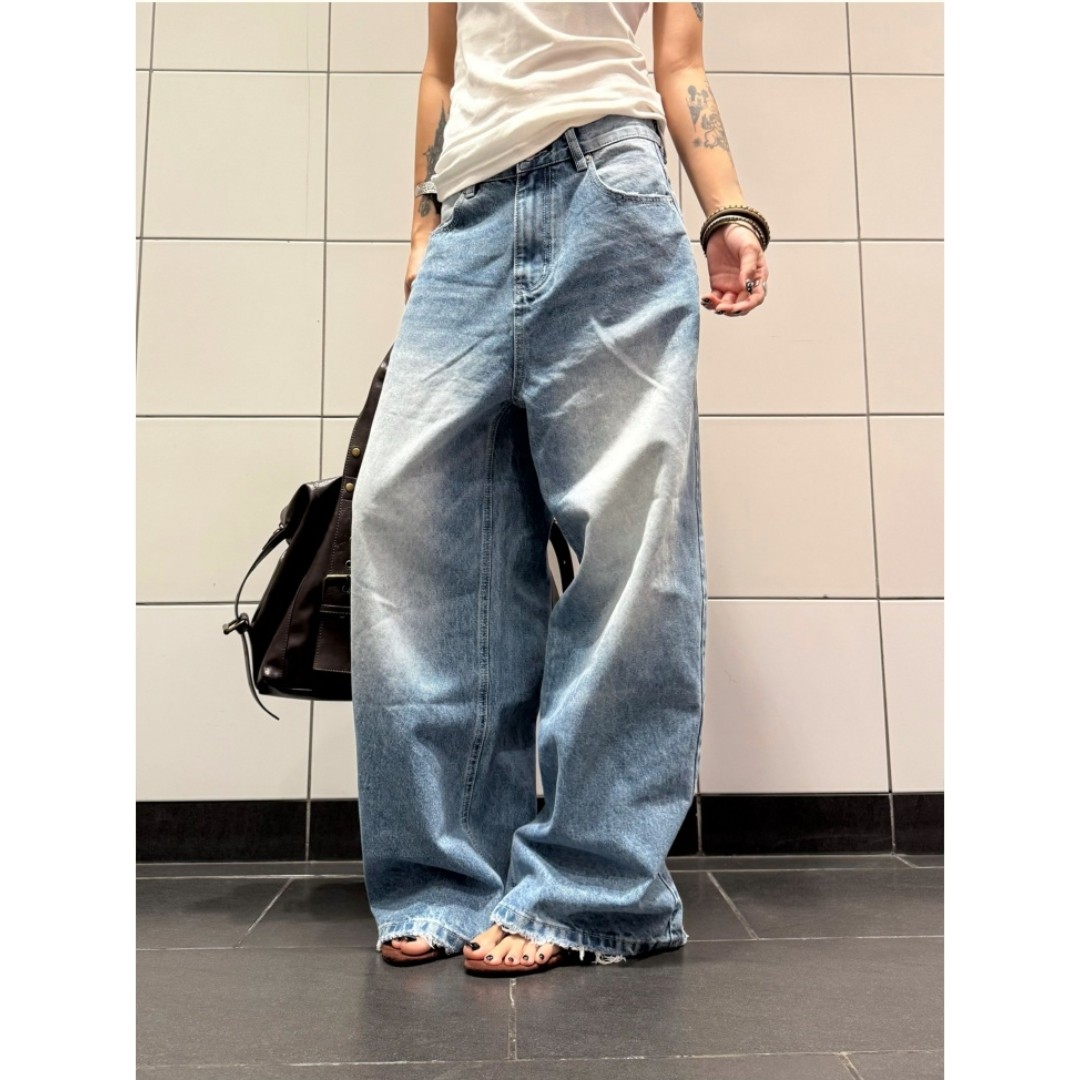 美式复古做旧水洗蓝色直筒牛仔裤男女宽松阔腿休闲百搭长裤子ins