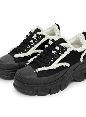 隐形增高鞋7CM厚底板鞋子秋季原创小众潮牌高街毛边乞丐帆布鞋男