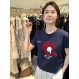 hers植绒花朵图案正肩短袖 METWO T恤女20664 孤品清仓