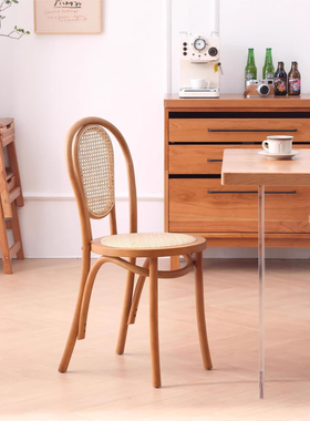 北欧实木简约餐椅索耐特thonet美式复古中古家用餐厅靠背椅子藤椅