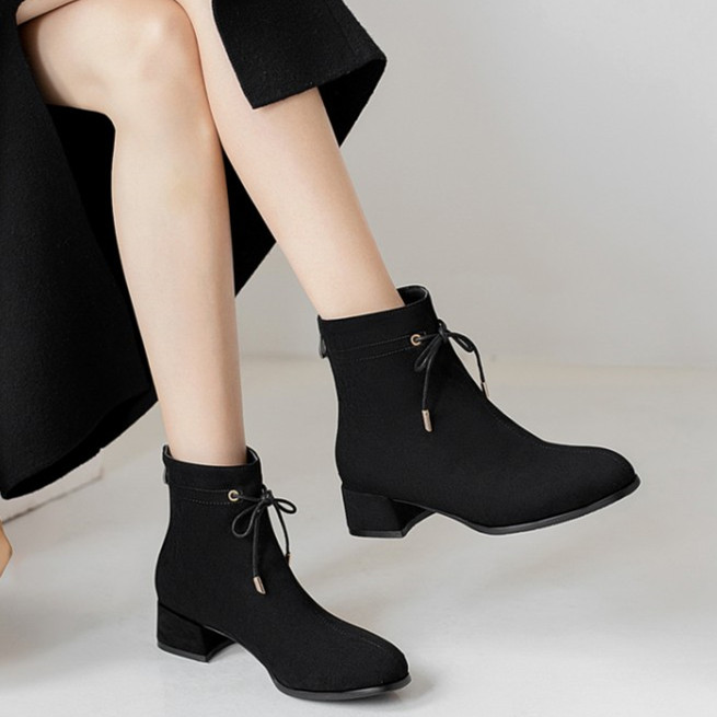 蝴蝶结后拉链矮跟短靴大码44-48
