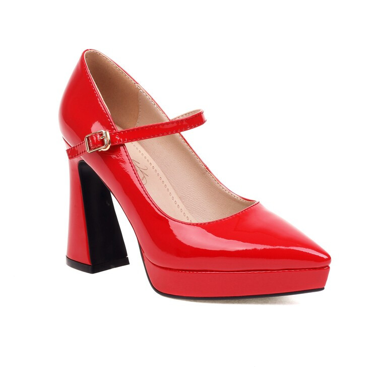 显瘦尖头高跟鞋防水台超高跟红色漆皮高跟单鞋大码42 43 44 45 46