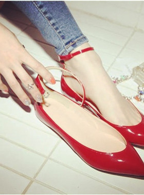 糖果色漆皮尖头平跟女单鞋黄色船鞋蓝色平底鞋大码45 46 47 48 49