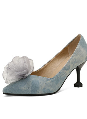 尖头花朵高跟单鞋白色蓝色牛仔布高跟鞋大码44 45 46 47 48 49 50