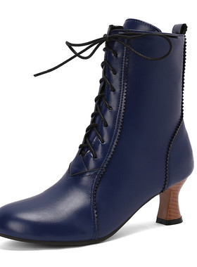 休闲拉链中跟系带短靴交叉绑带蓝色马丁靴大码45 46 47 48 49 50