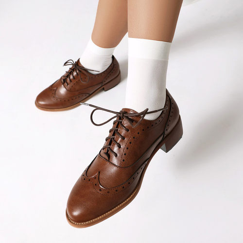 英伦风系带烧花低跟单鞋棕色小皮鞋帅气平底鞋大码44 45 46 47 48