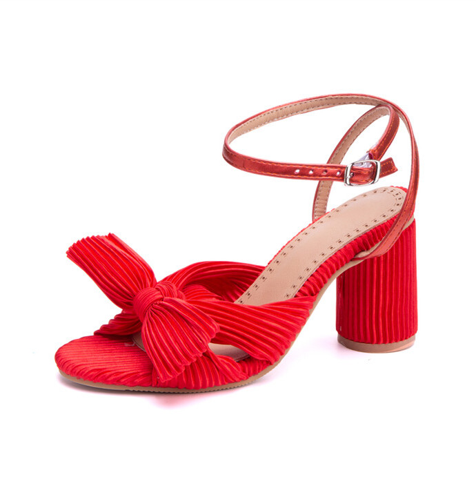 蝴蝶结高跟凉鞋红色紫色绸缎面粗跟凉鞋大码45 46 47 48 49 50 51