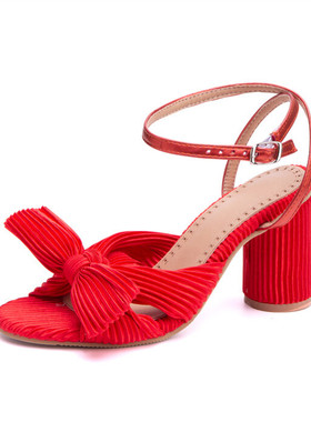 蝴蝶结高跟凉鞋红色紫色绸缎面粗跟凉鞋大码45 46 47 48 49 50 51