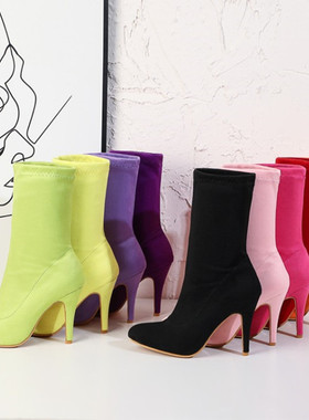 显瘦绒面高跟弹力靴紫色女靴彩色时装靴黄色尖头中筒靴大码44-48