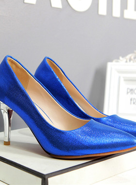 欧美新款显瘦尖头浅口单鞋电镀细跟蓝色高跟鞋大码44 45 46 47码