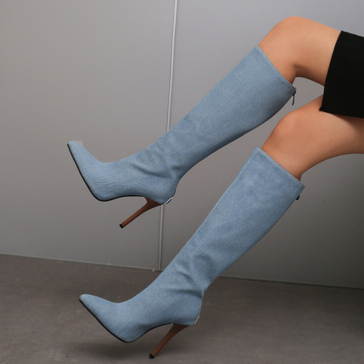 显瘦牛仔布细跟高筒靴鳄鱼纹尖头酒红色高跟长筒靴44 45 46 47 48