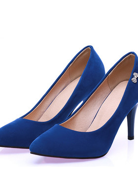 性感蝴蝶花朵水钻高跟鞋大码43 44 45 46 47码尖头高跟鞋蓝色单鞋