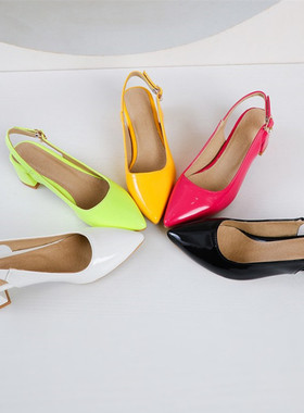 糖果色漆皮尖头粗跟四季鞋大码45 46 47 48 49 50码中跟凉鞋绿色