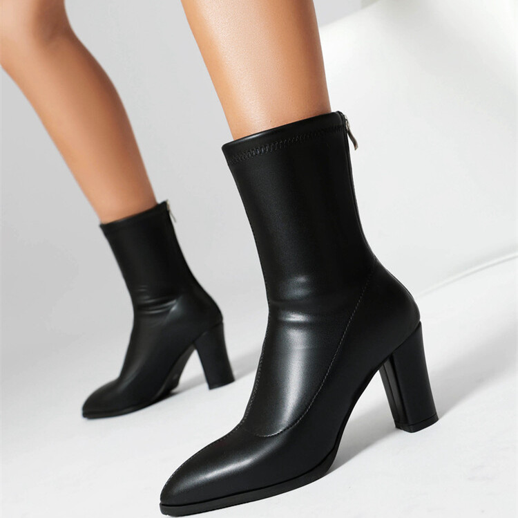 欧美风显瘦尖头粗跟单靴银色马丁靴金色高跟短靴大码45 46 47 48