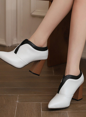 英伦风黑白拼色粗跟单鞋土黄色深口高跟鞋大码45 46 47 48 49 50